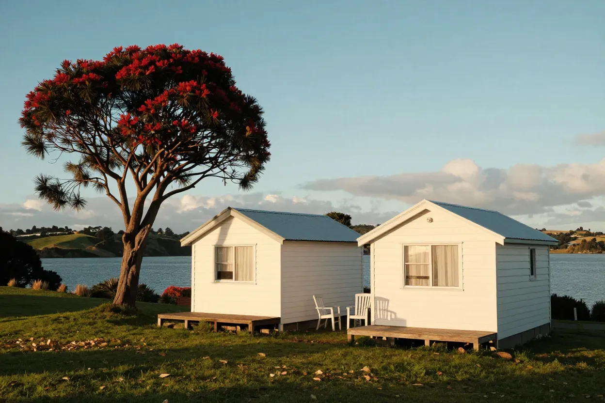The two white weatherboard cottages on the hill