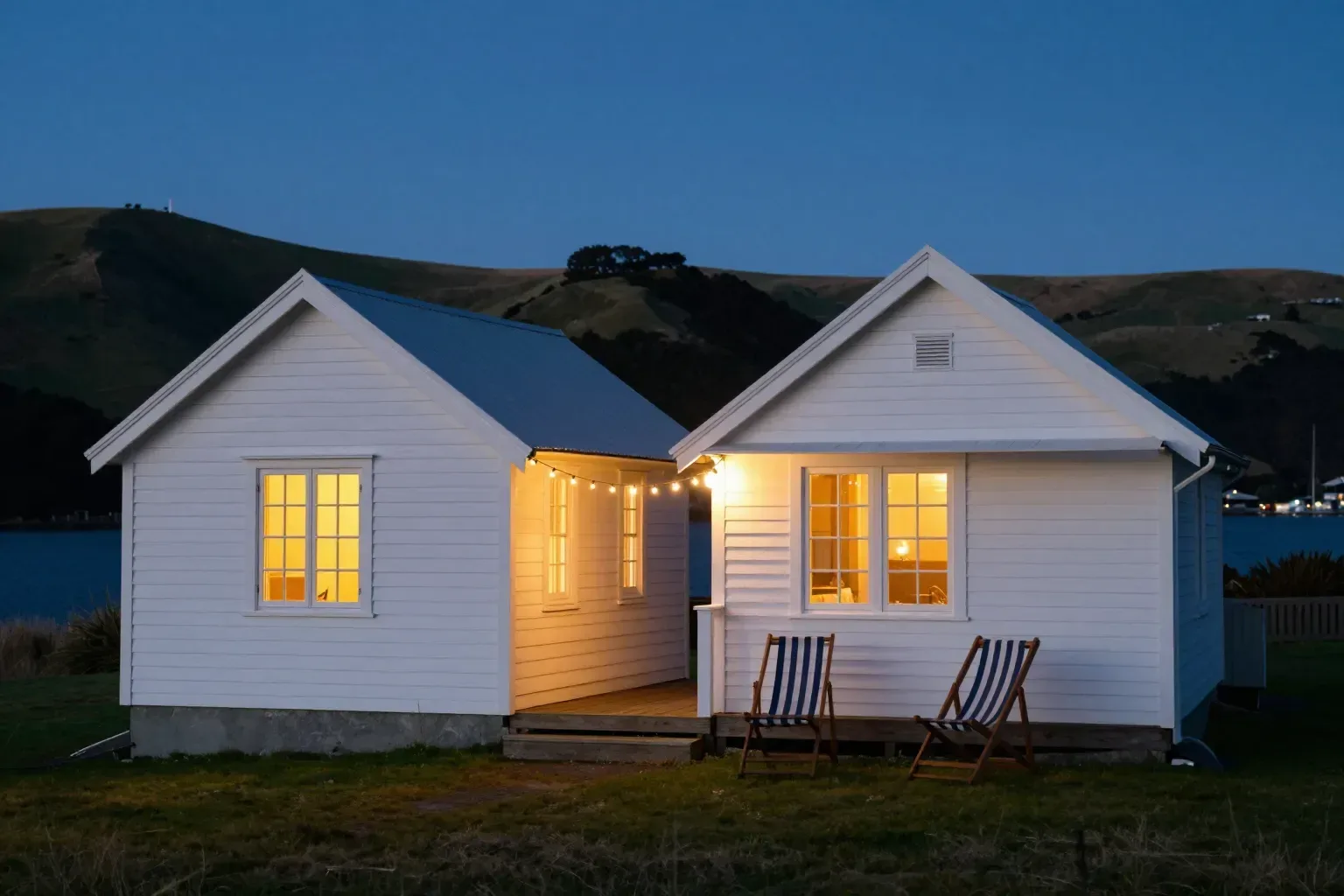 The cottages lit up at dusk