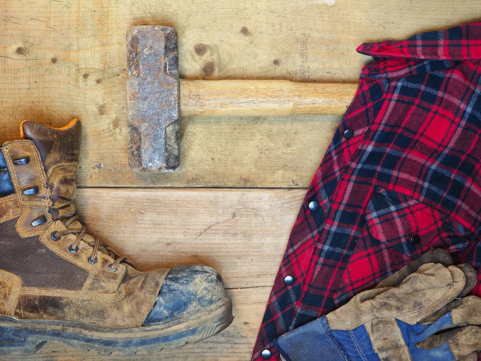 Work boots, gloves and a mallet on timber